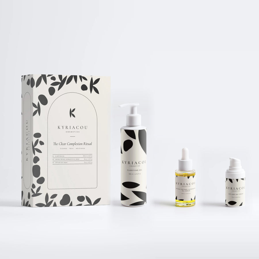 The Clear Complexion Ritual gift box with Clarifying Gel, Natural Retinol Alternative Oil Serum, Anti-Age Day Cream