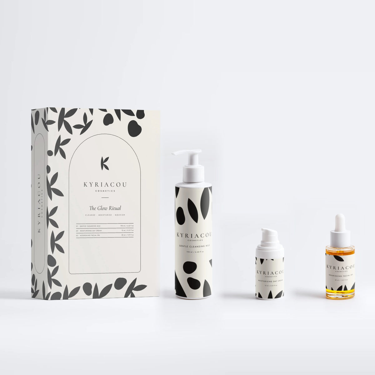 The Glow Ritual gift box with Gentle Cleansing Milk, Moisturising Day Cream, Nourishing Facial Oil