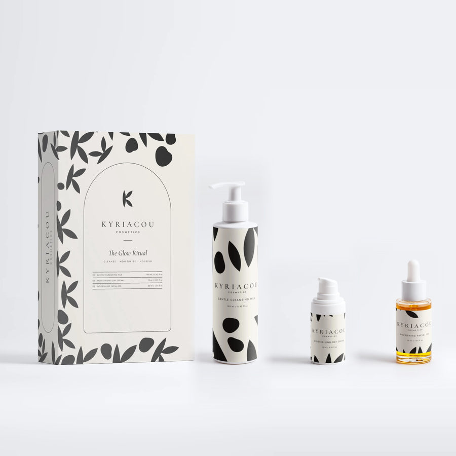 The Glow Ritual gift box with Gentle Cleansing Milk, Moisturising Day Cream, Nourishing Facial Oil