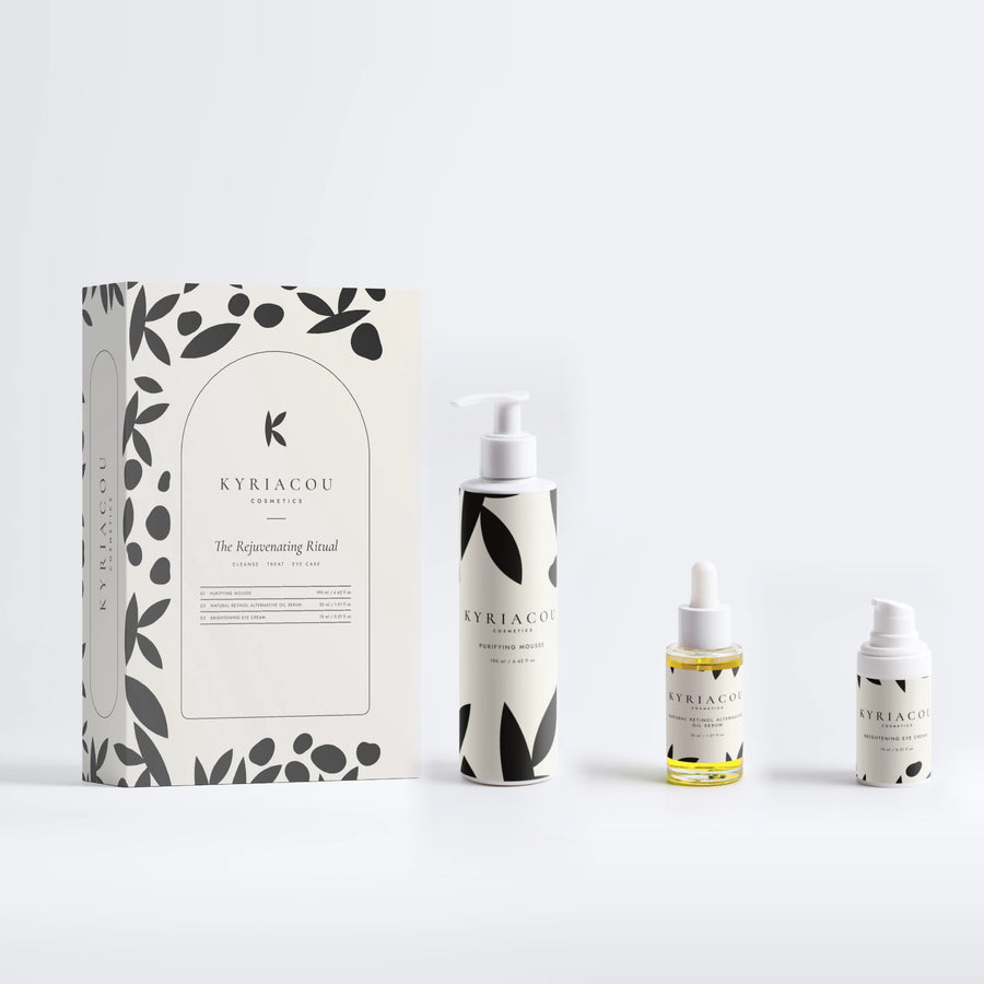 The Rejuvenating Ritual gift box with Purifying Mousse, Natural Retinol Alternative Oil Serum, Brightening Eye Cream