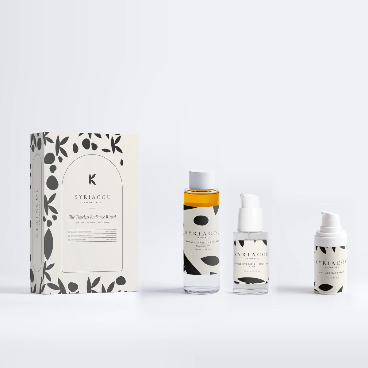 The Timeless Radiance Ritual gift box with BiPhasic Make-up Remover, Double Hydration Boost Gel, Anti-Age Day Cream