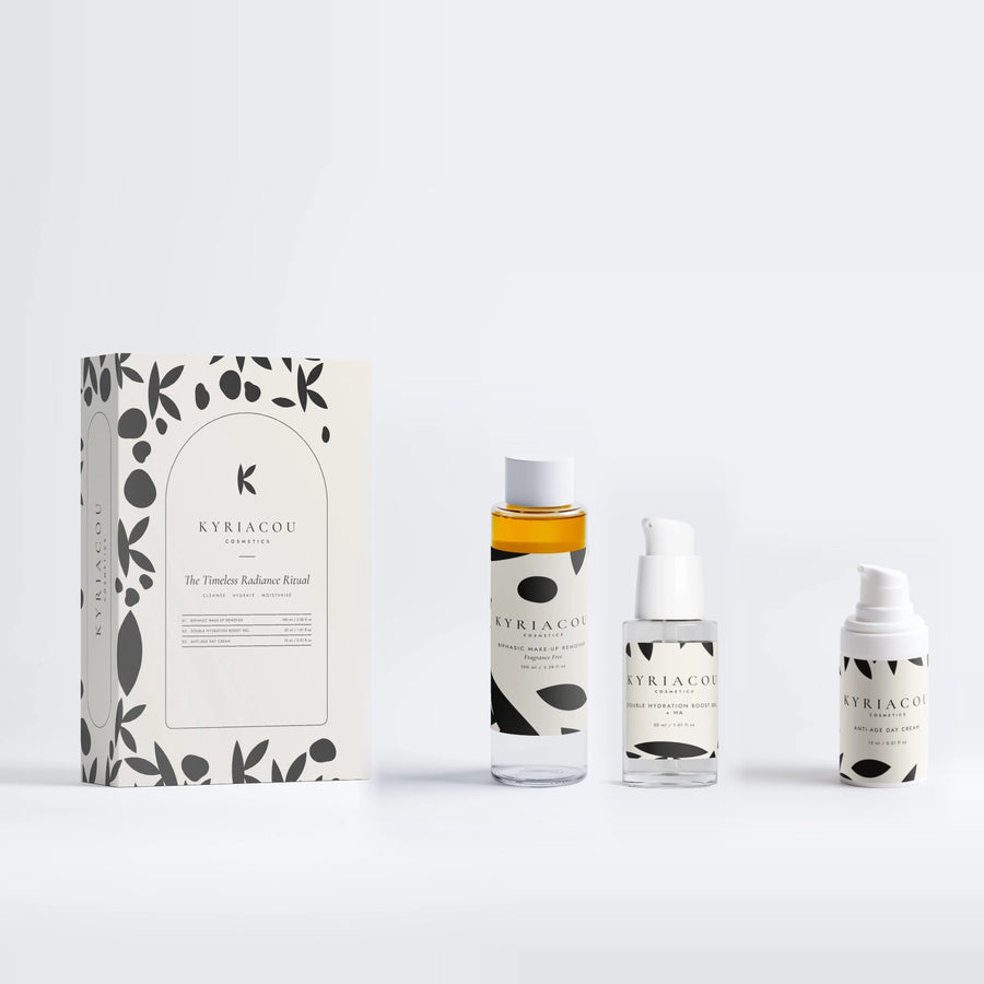 The Timeless Radiance Ritual gift box with BiPhasic Make-up Remover, Double Hydration Boost Gel, Anti-Age Day Cream